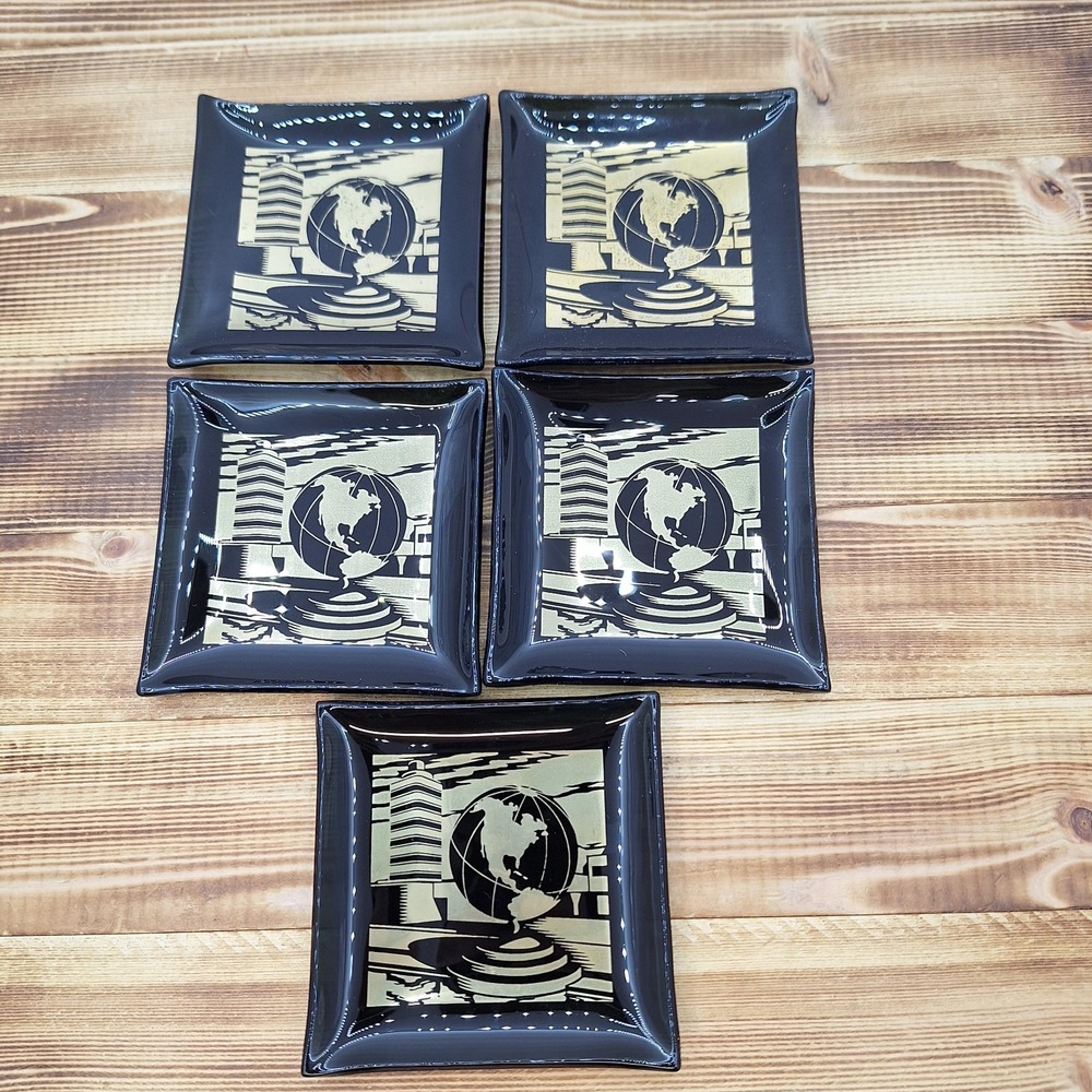 MCM Smoked Glass Trinket Tray Dish‎ Ashtray Globe Earth Set X5 Lot